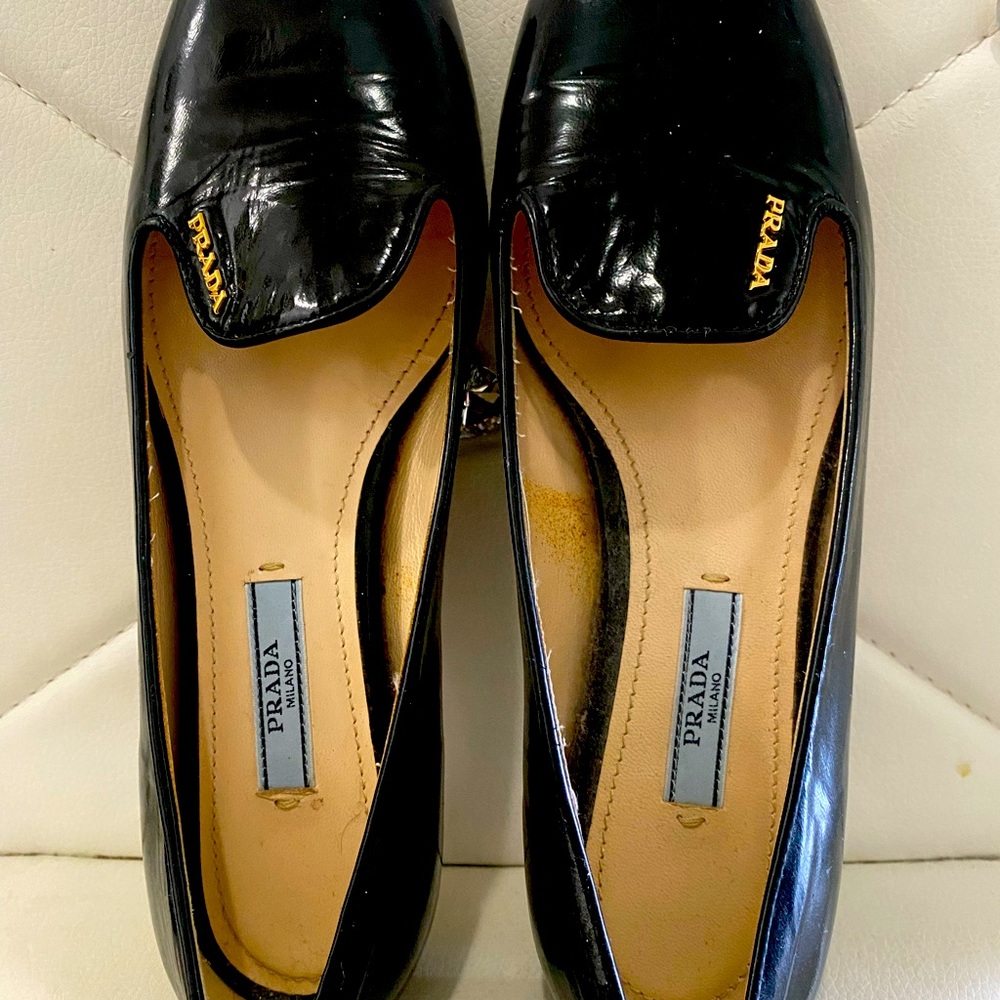 Prada Black Leather Patent Slip on Loafers Flat